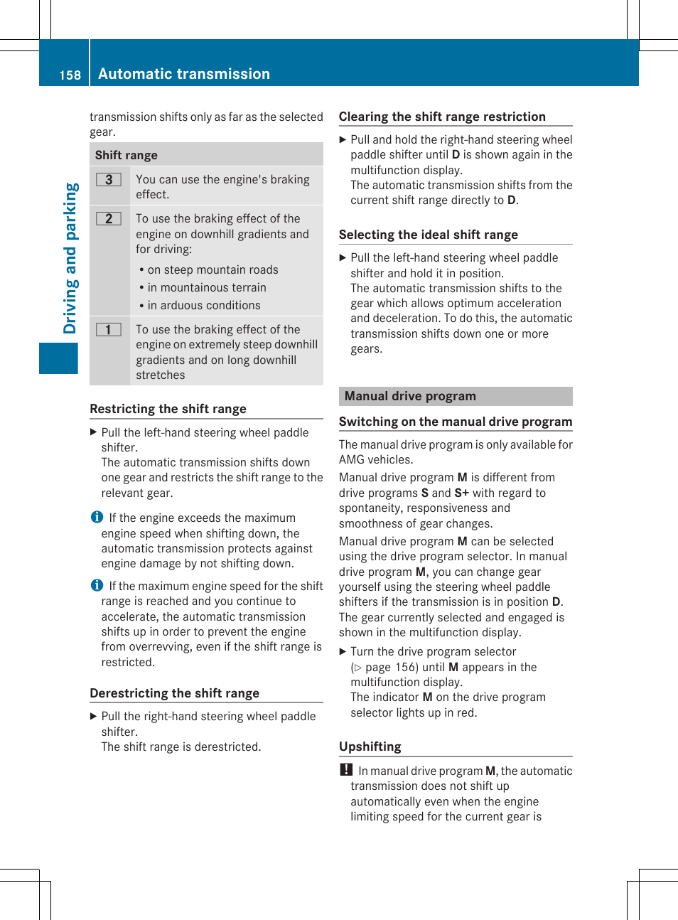 Manual drive program, Driving and parking, Automatic transmission | Mercedes-Benz E-Sedan 2012 Owners Manual User Manual | Page 160 / 396