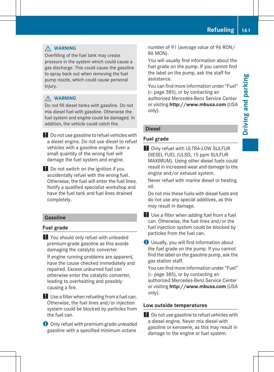 Gasoline, Diesel, Driving and parking | Refueling | Mercedes-Benz E-Sedan 2012 Owners Manual User Manual | Page 163 / 396