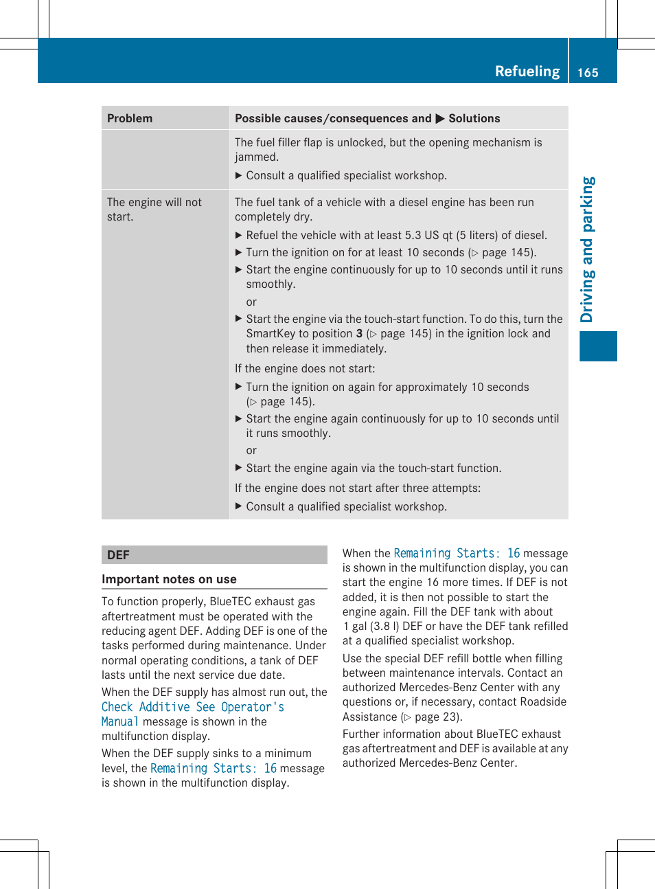 Driving and parking, Refueling | Mercedes-Benz E-Sedan 2012 Owners Manual User Manual | Page 167 / 396