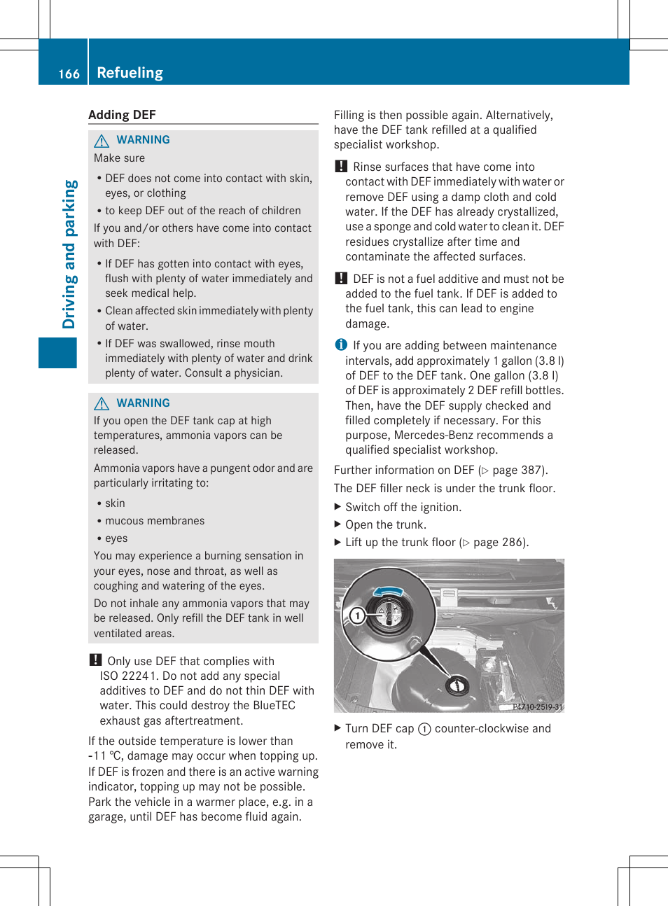 Driving and parking, Refueling | Mercedes-Benz E-Sedan 2012 Owners Manual User Manual | Page 168 / 396