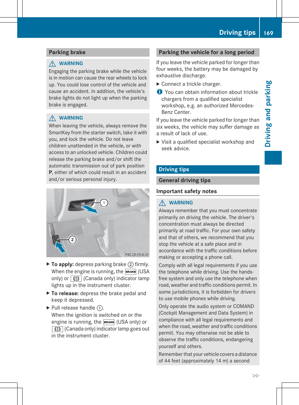 Parking brake, Parking the vehicle for a long period, Driving tips | General driving tips, Driving and parking | Mercedes-Benz E-Sedan 2012 Owners Manual User Manual | Page 171 / 396