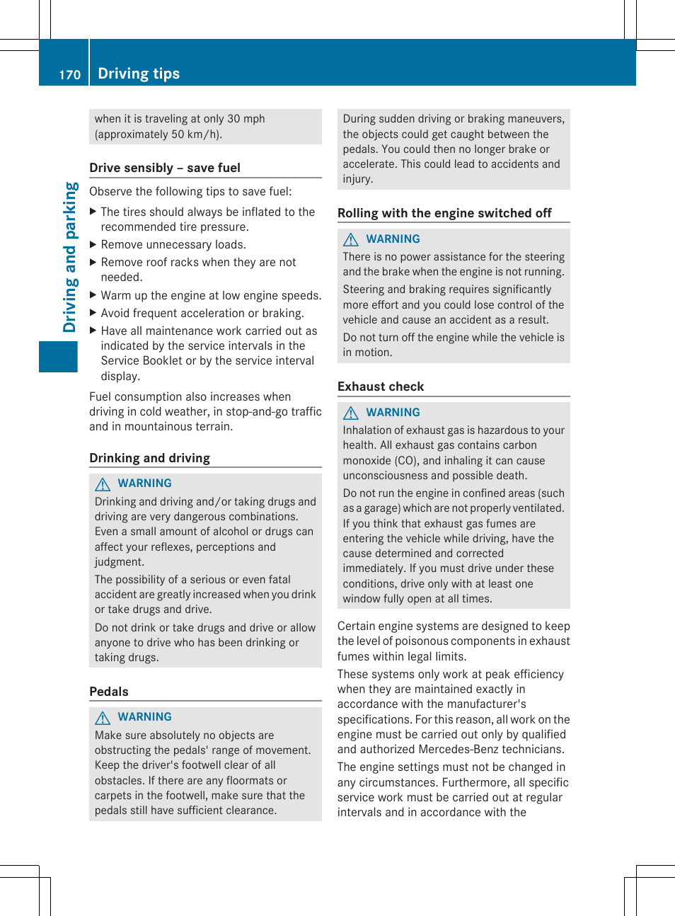 Driving and parking, Driving tips | Mercedes-Benz E-Sedan 2012 Owners Manual User Manual | Page 172 / 396