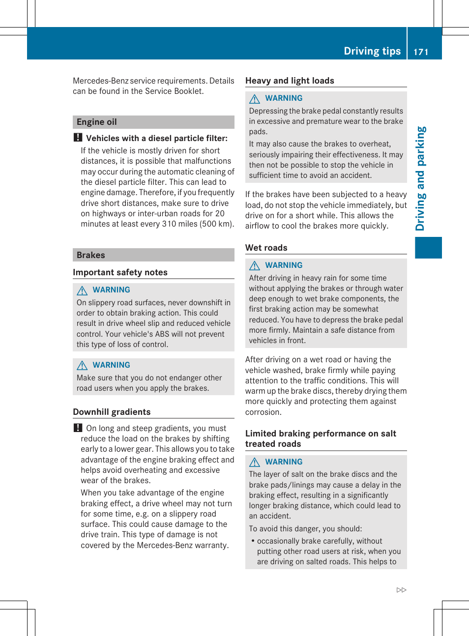 Engine oil, Brakes, Driving tips | Driving and parking | Mercedes-Benz E-Sedan 2012 Owners Manual User Manual | Page 173 / 396