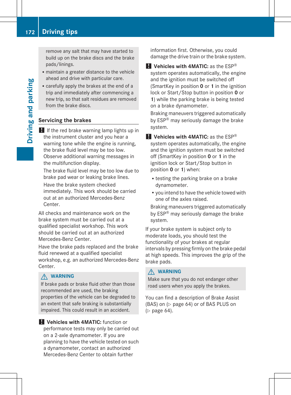 Driving and parking, Driving tips | Mercedes-Benz E-Sedan 2012 Owners Manual User Manual | Page 174 / 396