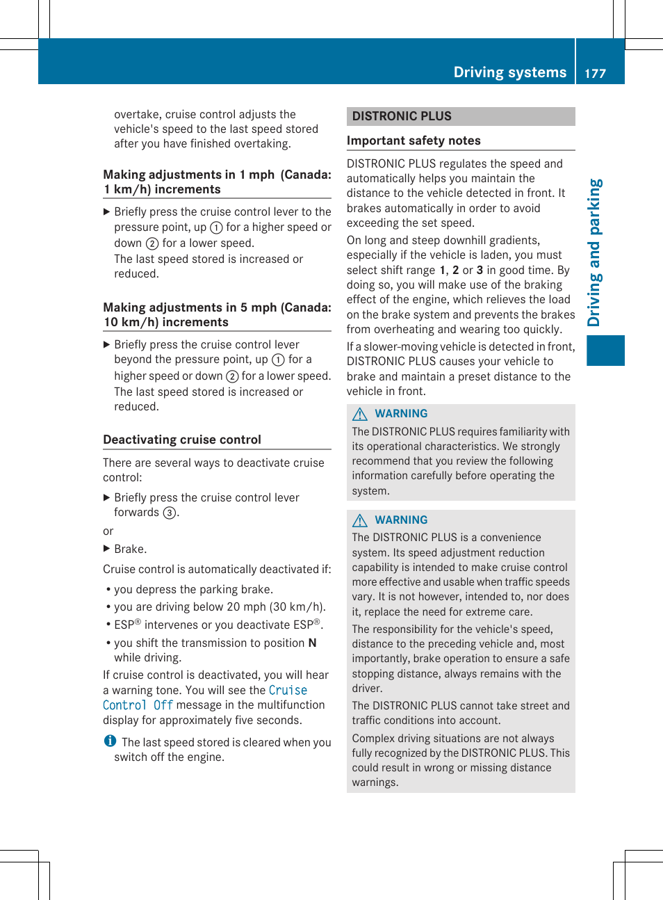 Distronic plus, Driving and parking, Driving systems | Mercedes-Benz E-Sedan 2012 Owners Manual User Manual | Page 179 / 396