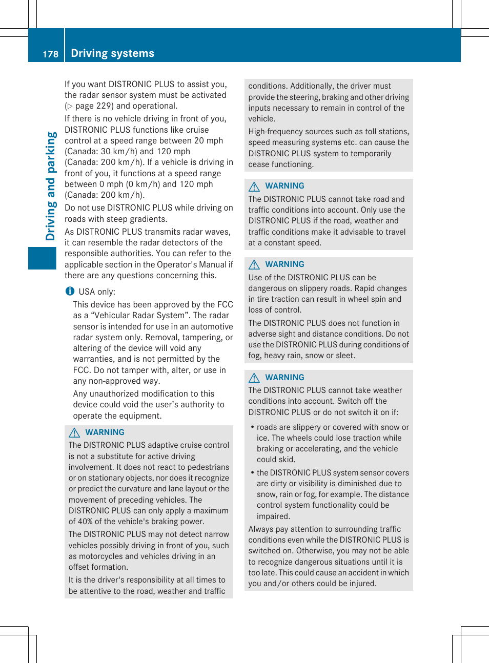 Driving and parking, Driving systems | Mercedes-Benz E-Sedan 2012 Owners Manual User Manual | Page 180 / 396