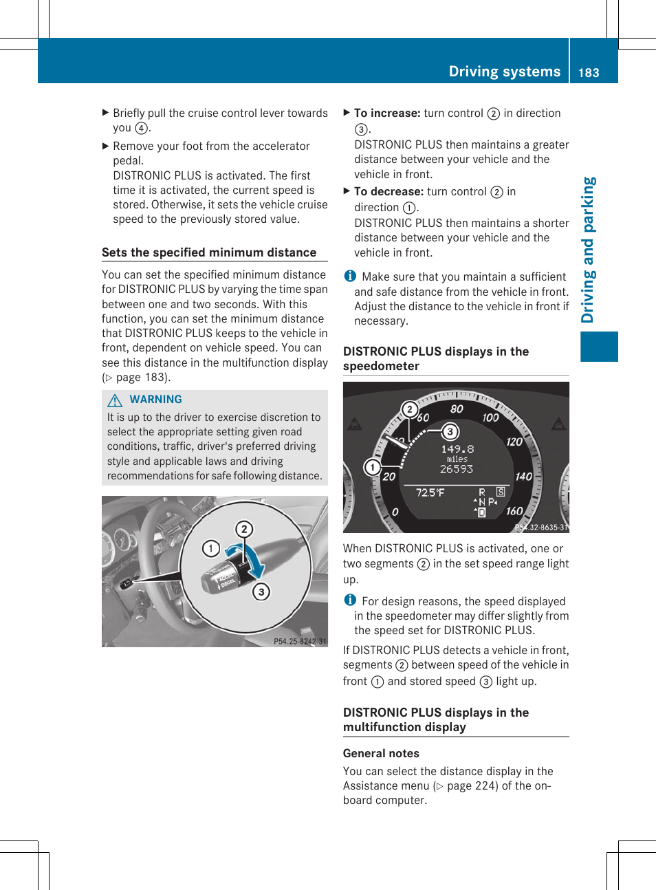 Minimum distance, Driving and parking, Driving systems | Mercedes-Benz E-Sedan 2012 Owners Manual User Manual | Page 185 / 396