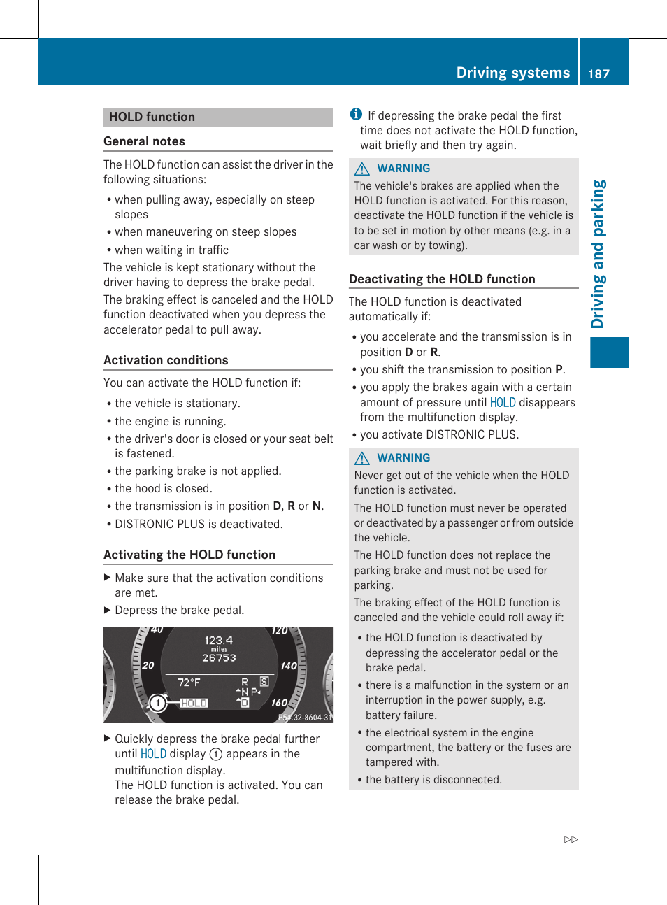 Hold function, Driving and parking, Driving systems | Mercedes-Benz E-Sedan 2012 Owners Manual User Manual | Page 189 / 396