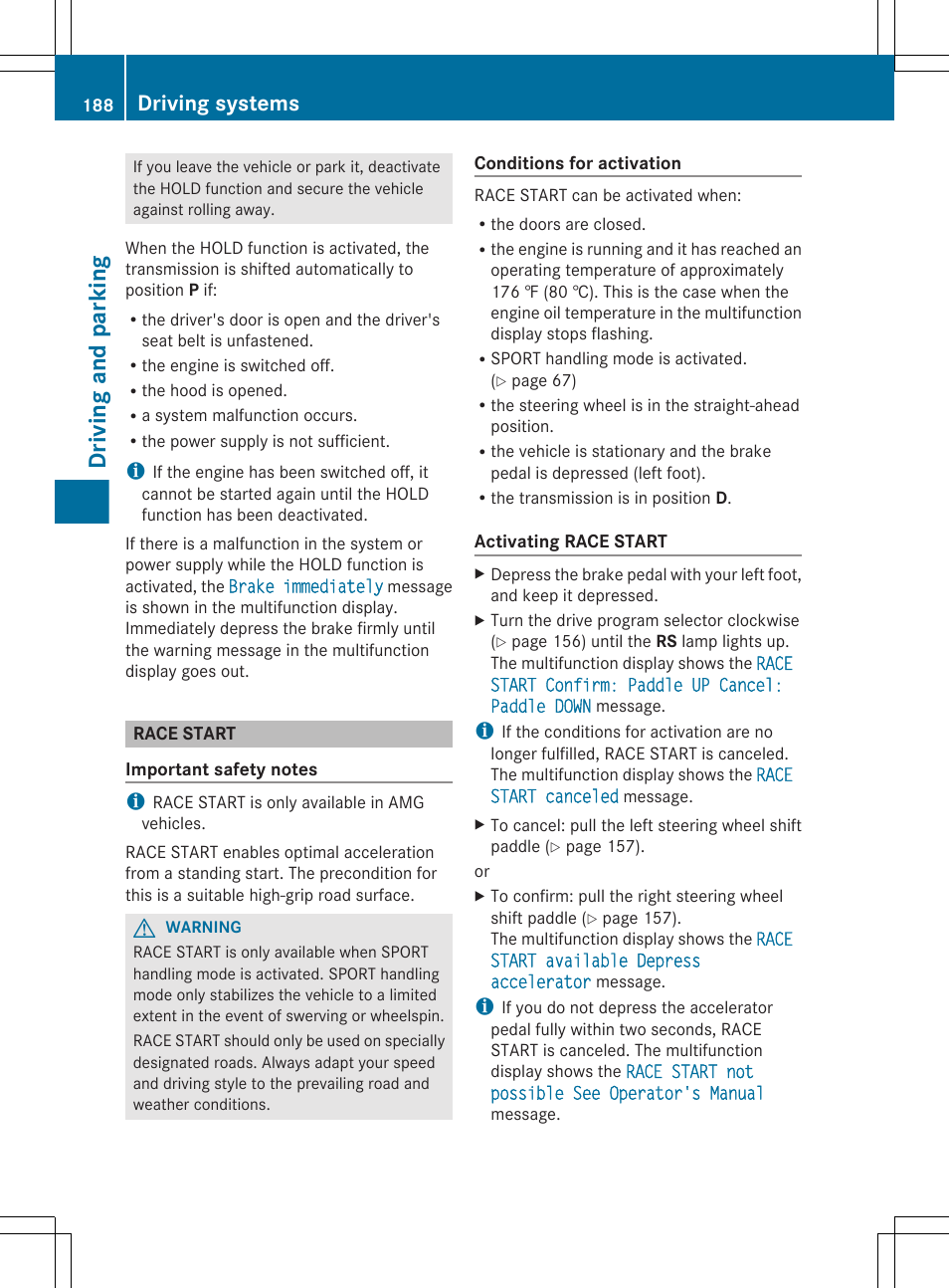 Race start, Start, see, Driving and parking | Driving systems | Mercedes-Benz E-Sedan 2012 Owners Manual User Manual | Page 190 / 396