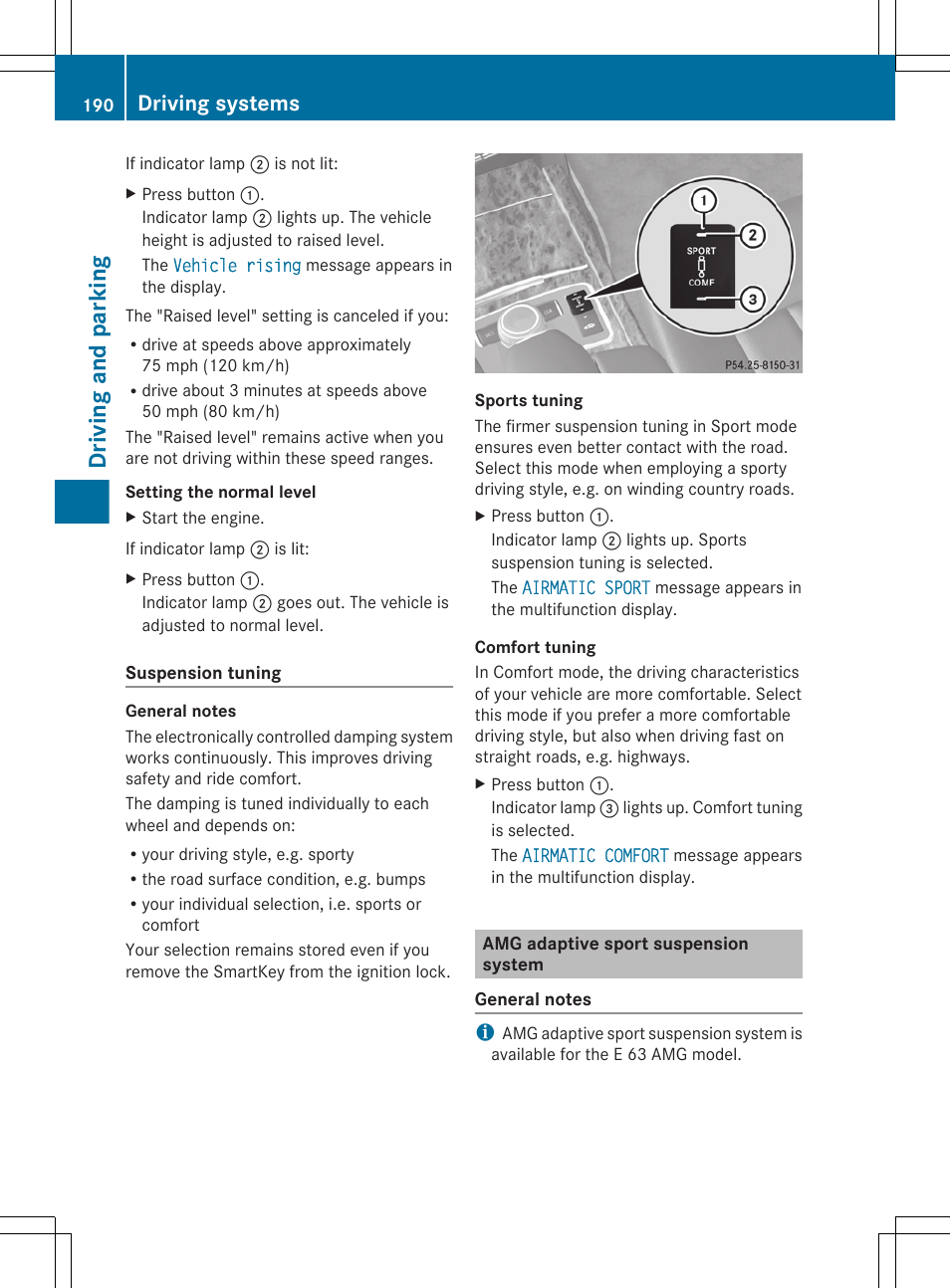 Amg adaptive sport suspension system, Driving and parking, Driving systems | Mercedes-Benz E-Sedan 2012 Owners Manual User Manual | Page 192 / 396