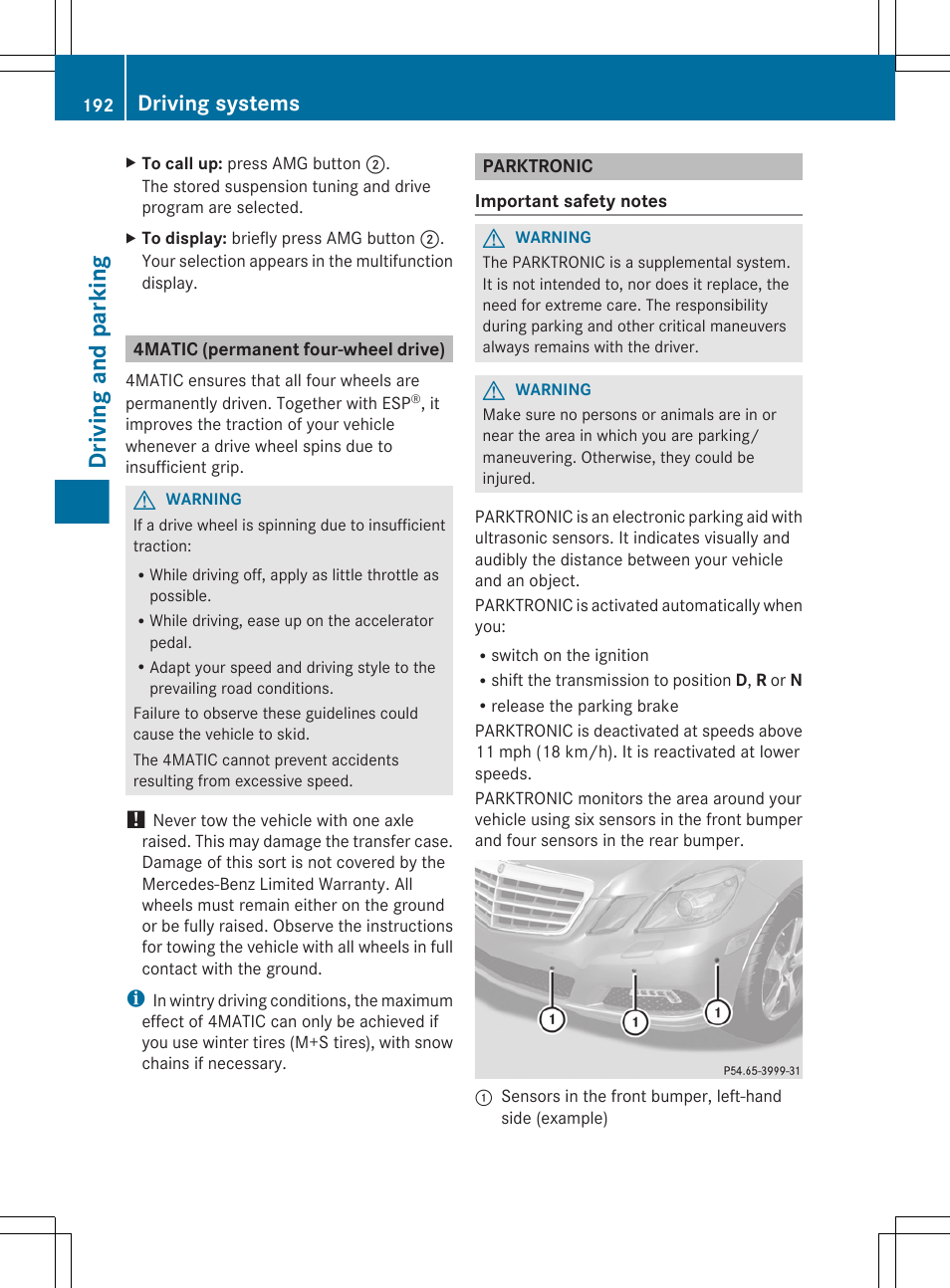 4matic (permanent four-wheel drive), Parktronic, Driving and parking | Driving systems | Mercedes-Benz E-Sedan 2012 Owners Manual User Manual | Page 194 / 396