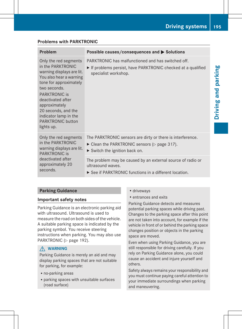 Parking guidance, Driving and parking, Driving systems | Mercedes-Benz E-Sedan 2012 Owners Manual User Manual | Page 197 / 396