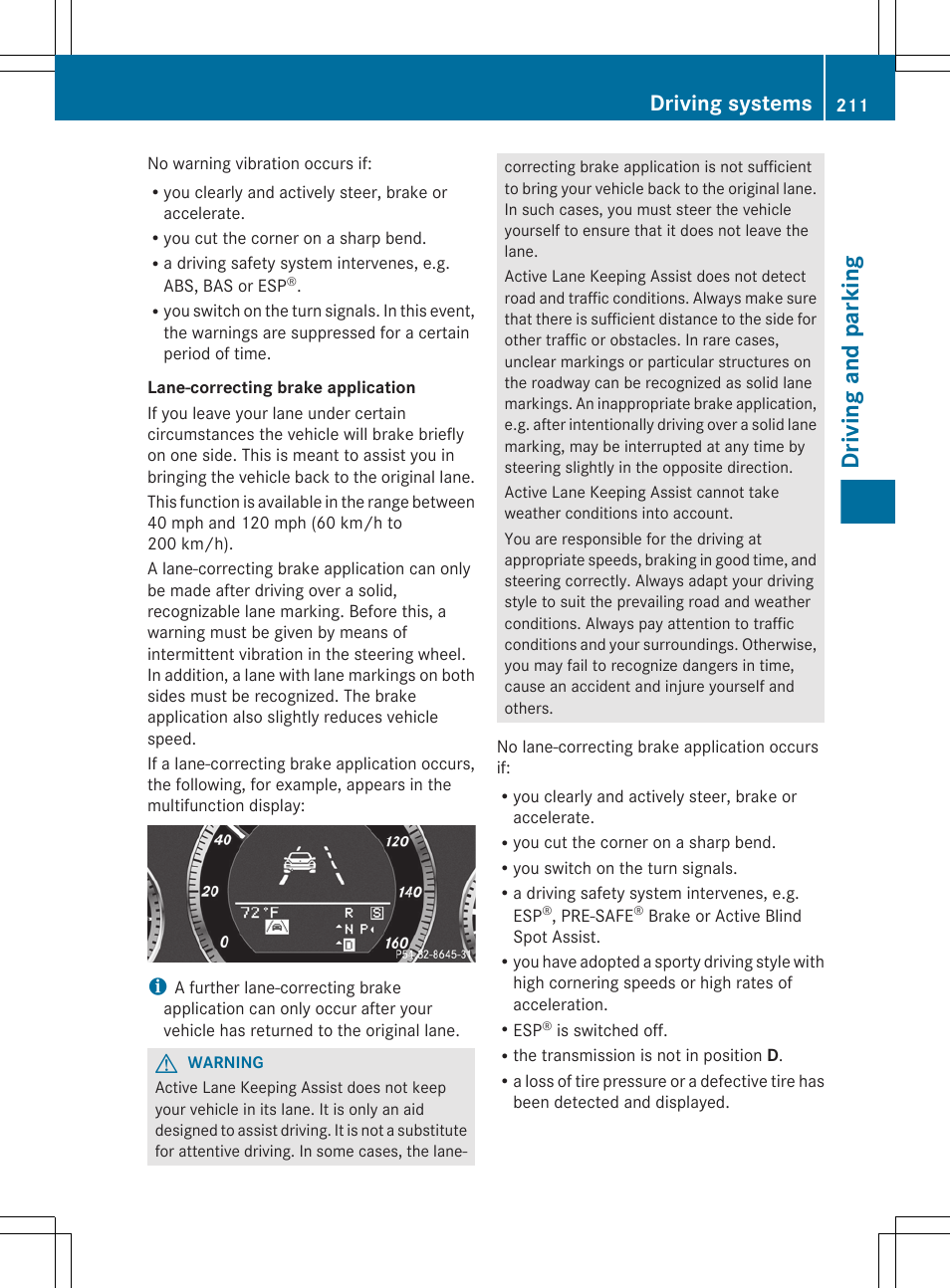 Driving and parking, Driving systems | Mercedes-Benz E-Sedan 2012 Owners Manual User Manual | Page 213 / 396