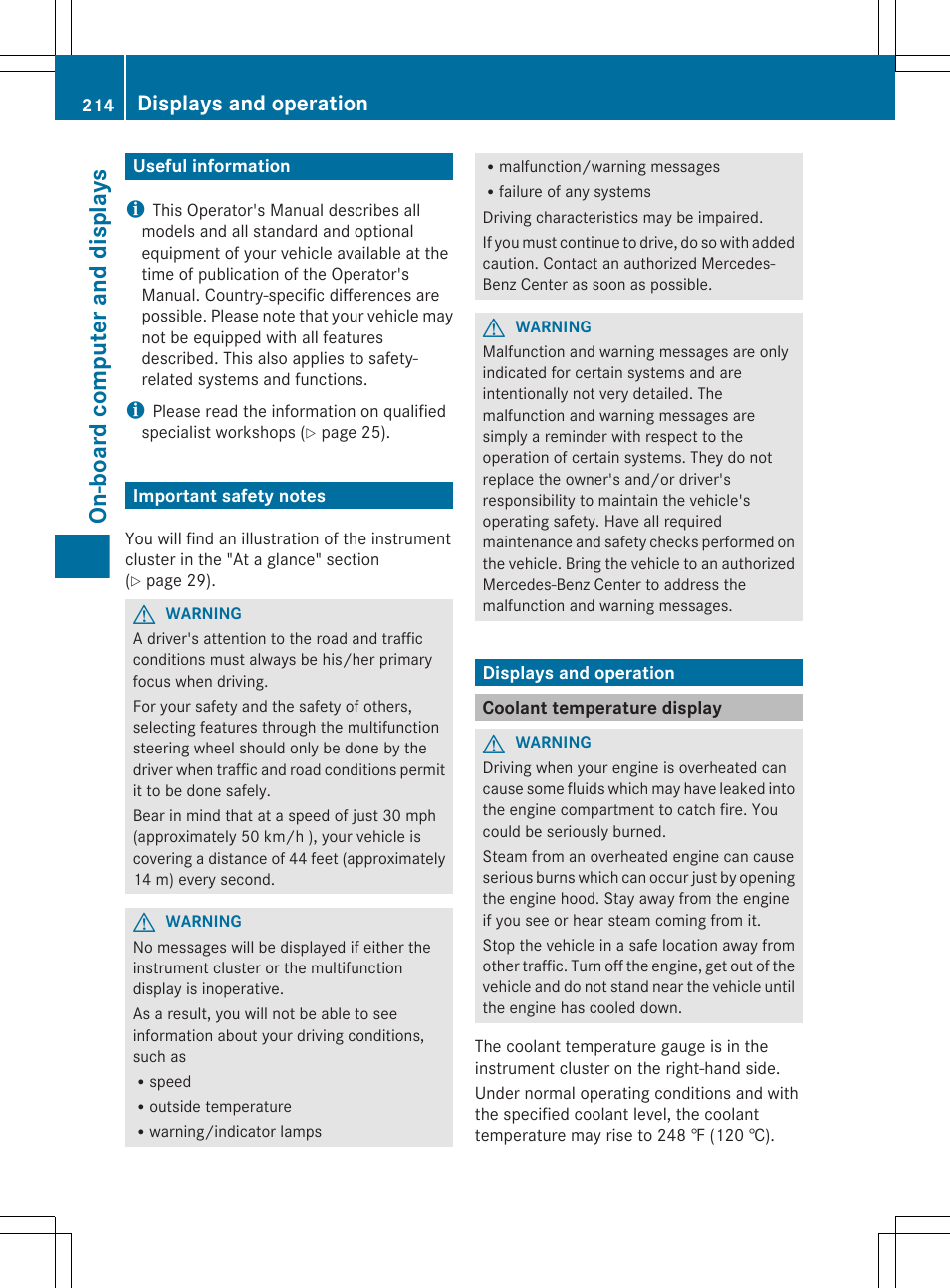 On-board computer and displays, Useful information, Important safety notes | Displays and operation, Coolant temperature display | Mercedes-Benz E-Sedan 2012 Owners Manual User Manual | Page 216 / 396