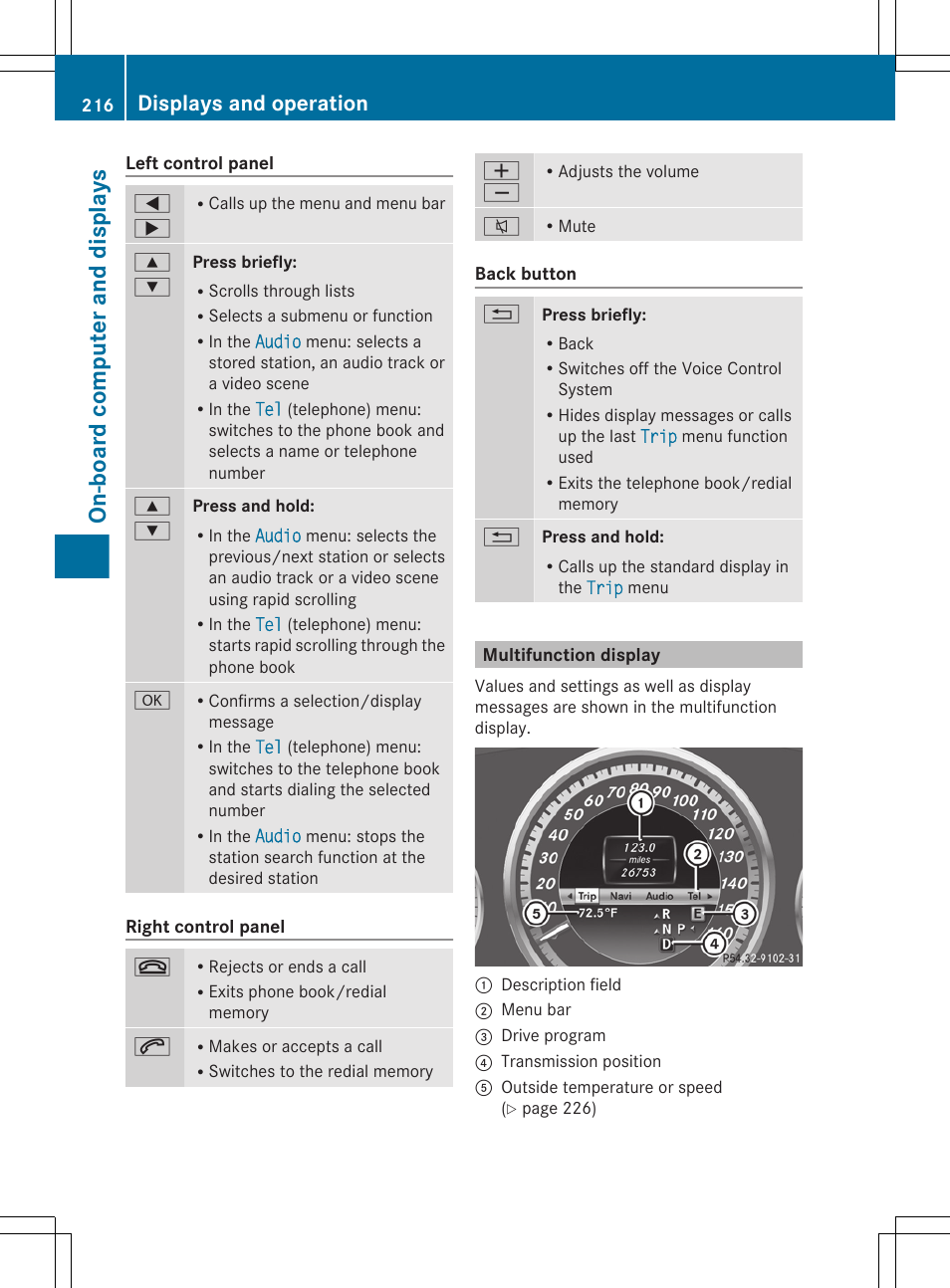 Multifunction display, On-board computer and displays, Displays and operation | Mercedes-Benz E-Sedan 2012 Owners Manual User Manual | Page 218 / 396