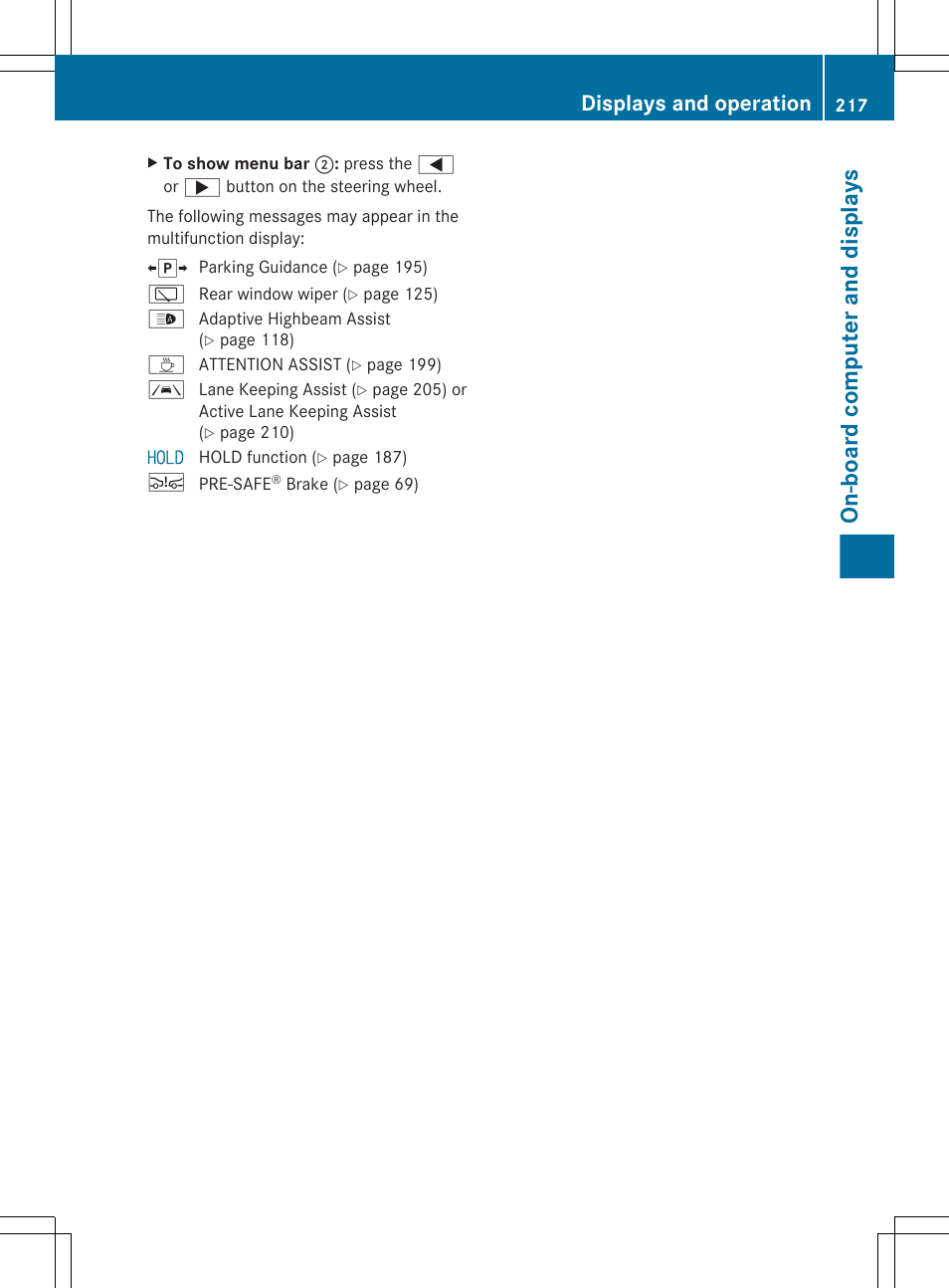 On-board computer and displays, Displays and operation | Mercedes-Benz E-Sedan 2012 Owners Manual User Manual | Page 219 / 396