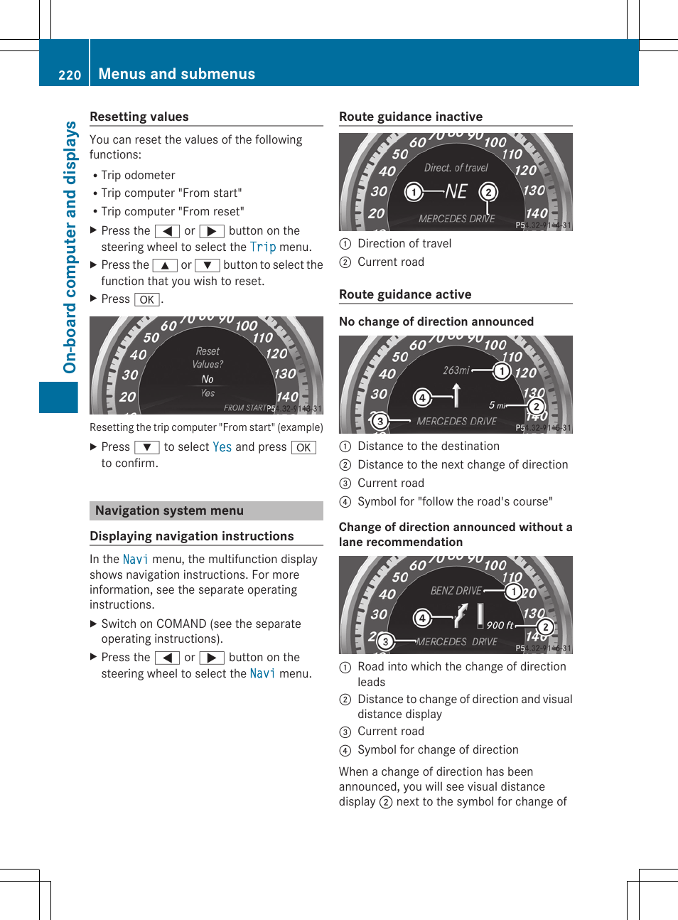 Navigation system menu, Menu (navigation instructions), On-board computer and displays | Menus and submenus | Mercedes-Benz E-Sedan 2012 Owners Manual User Manual | Page 222 / 396