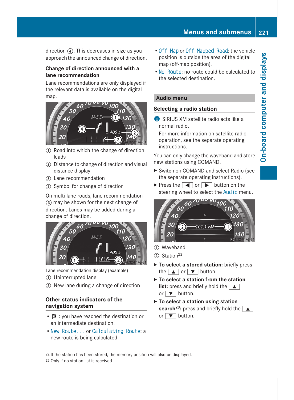 Audio menu, Menu, On-board computer and displays | Menus and submenus | Mercedes-Benz E-Sedan 2012 Owners Manual User Manual | Page 223 / 396