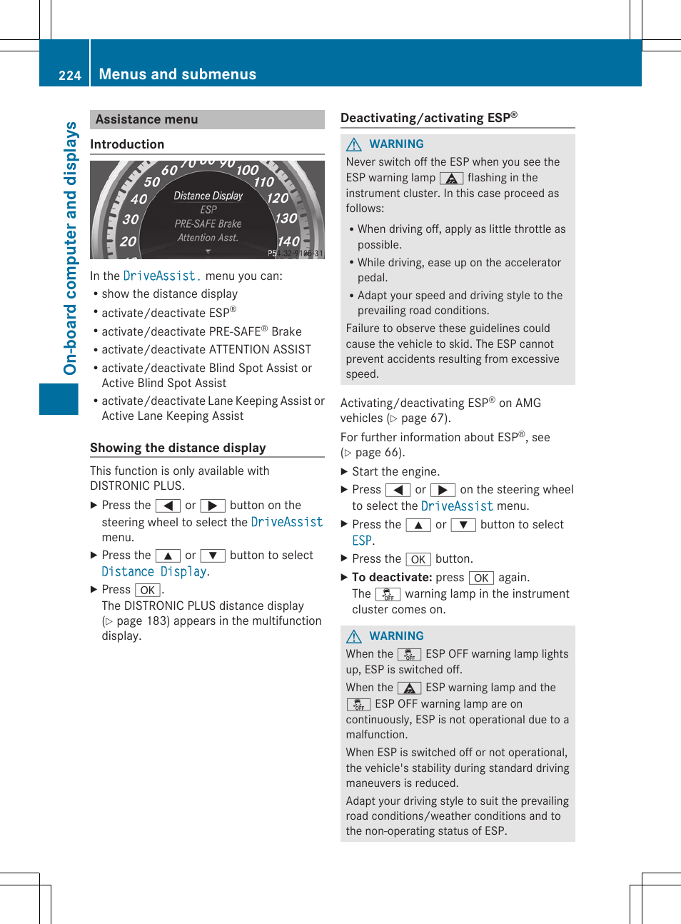 Assistance menu, To activate, Menu (assistance) | On-board computer and displays, Menus and submenus | Mercedes-Benz E-Sedan 2012 Owners Manual User Manual | Page 226 / 396