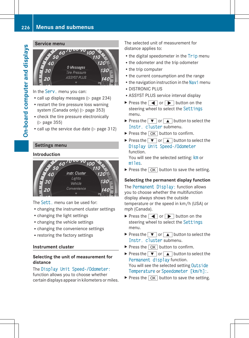 Service menu, Settings menu, Speed-/odometer | Menu, On-board computer and displays, Menus and submenus | Mercedes-Benz E-Sedan 2012 Owners Manual User Manual | Page 228 / 396