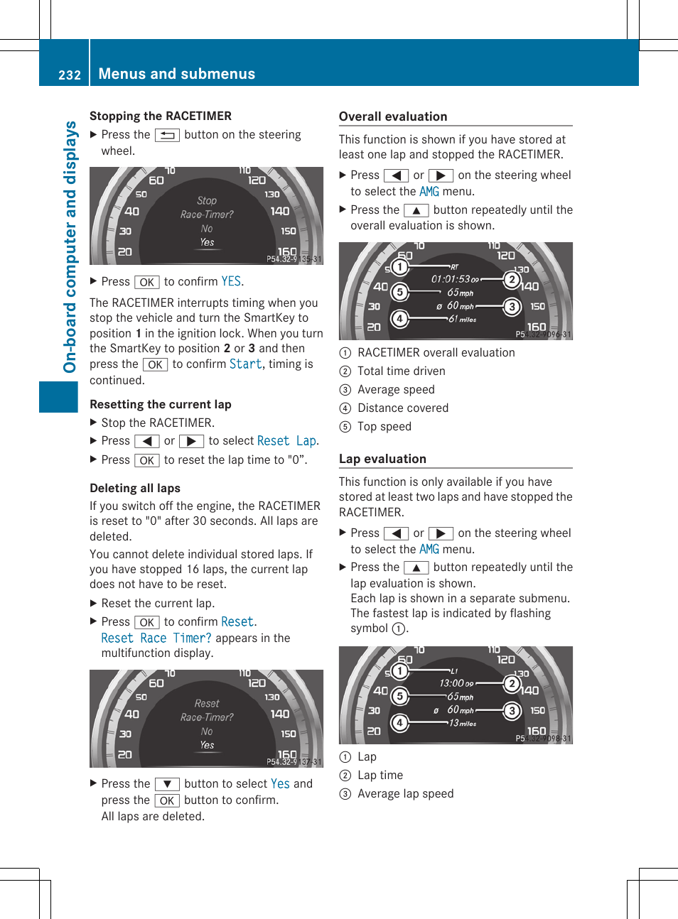 On-board computer and displays, Menus and submenus | Mercedes-Benz E-Sedan 2012 Owners Manual User Manual | Page 234 / 396