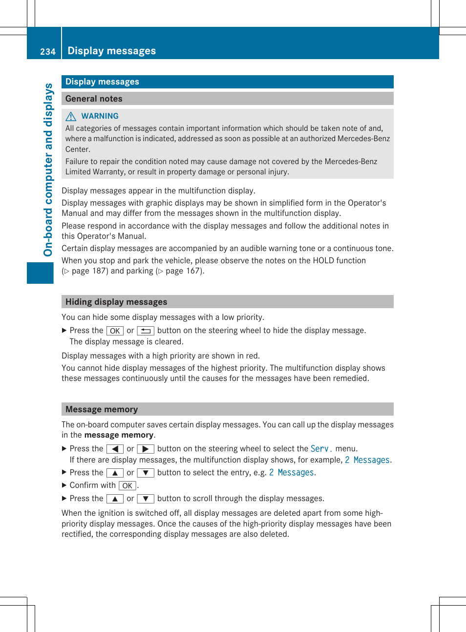 Display messages, General notes, Hiding display messages | Message memory, Calls up display messages, Call up display messages, On-board computer and displays | Mercedes-Benz E-Sedan 2012 Owners Manual User Manual | Page 236 / 396