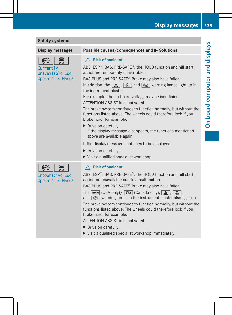 Safety systems, On-board computer and displays, Display messages | Mercedes-Benz E-Sedan 2012 Owners Manual User Manual | Page 237 / 396