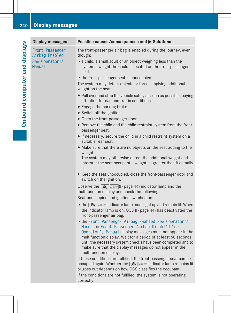 On-board computer and displays, Display messages | Mercedes-Benz E-Sedan 2012 Owners Manual User Manual | Page 242 / 396