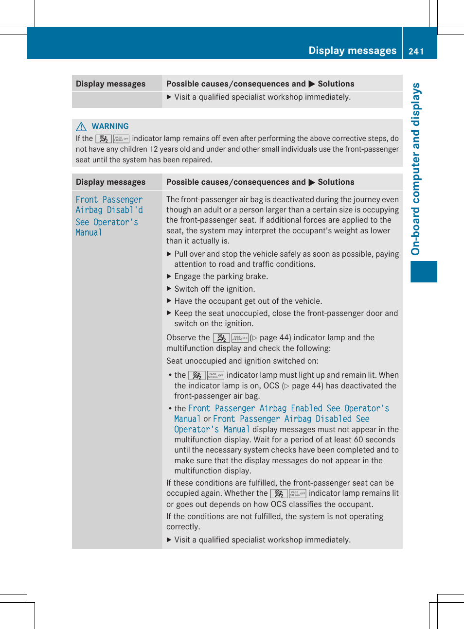 Display, On-board computer and displays, Display messages | Mercedes-Benz E-Sedan 2012 Owners Manual User Manual | Page 243 / 396