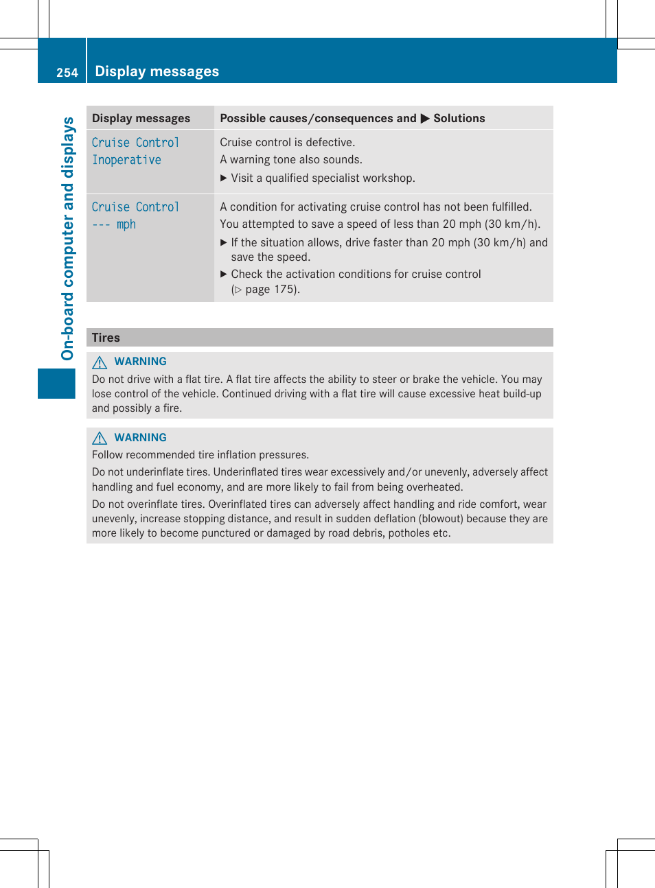 Tires, On-board computer and displays, Display messages | Mercedes-Benz E-Sedan 2012 Owners Manual User Manual | Page 256 / 396