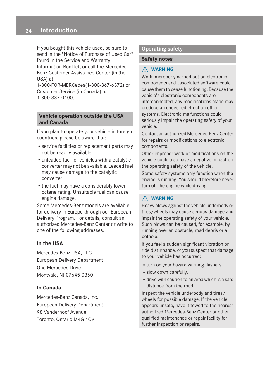 Vehicle operation outside the usa and canada, Operating safety, Safety notes | Introduction | Mercedes-Benz E-Sedan 2012 Owners Manual User Manual | Page 26 / 396