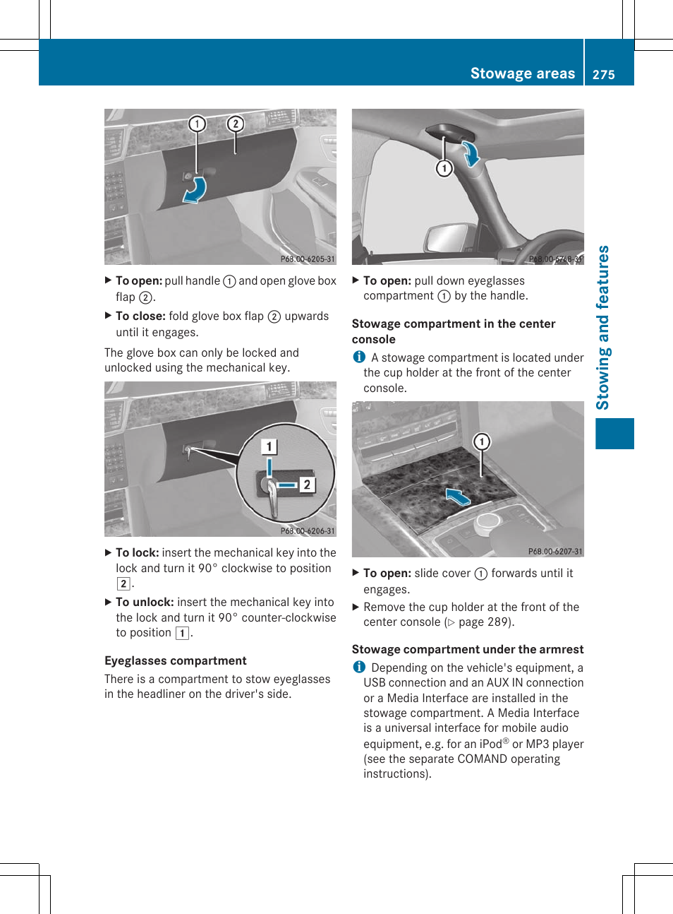 Stowing and features, Stowage areas | Mercedes-Benz E-Sedan 2012 Owners Manual User Manual | Page 277 / 396