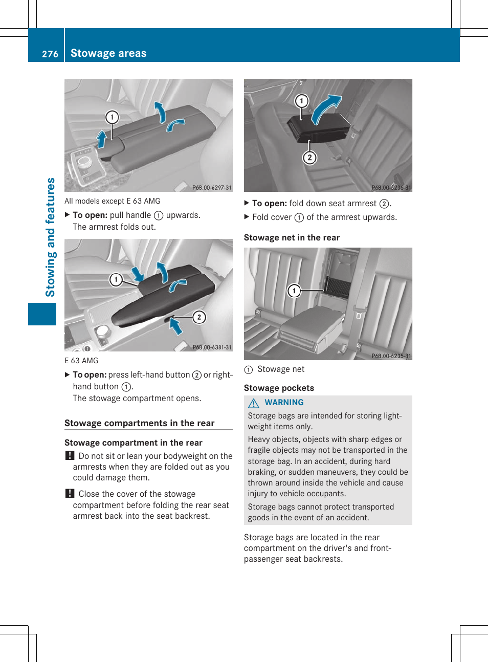 Stowing and features, Stowage areas | Mercedes-Benz E-Sedan 2012 Owners Manual User Manual | Page 278 / 396