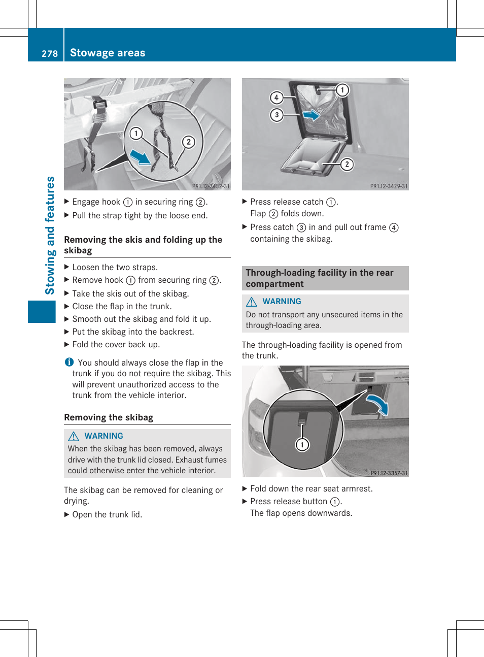 Through-loading facility in the rear compartment, Stowing and features, Stowage areas | Mercedes-Benz E-Sedan 2012 Owners Manual User Manual | Page 280 / 396