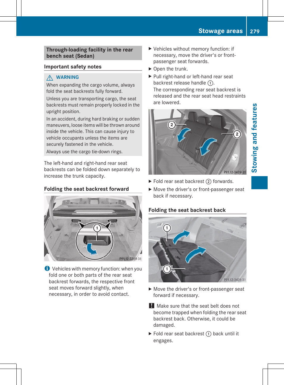 Bench seat (sedan), Stowing and features, Stowage areas | Mercedes-Benz E-Sedan 2012 Owners Manual User Manual | Page 281 / 396