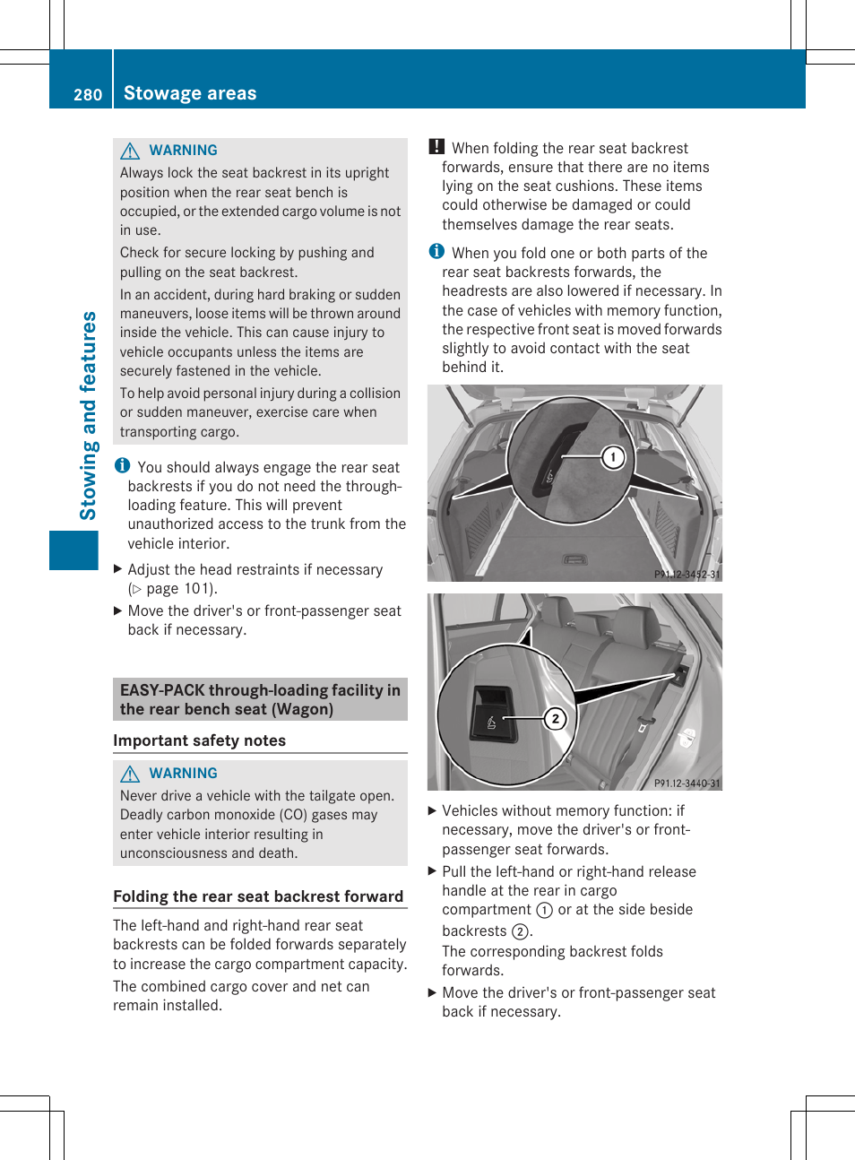 Stowing and features, Stowage areas | Mercedes-Benz E-Sedan 2012 Owners Manual User Manual | Page 282 / 396