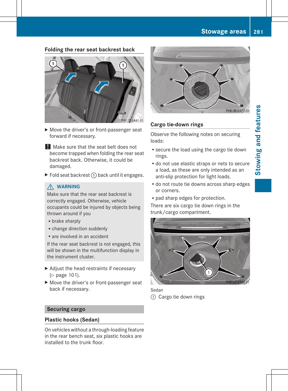 Securing cargo, Stowing and features, Stowage areas | Mercedes-Benz E-Sedan 2012 Owners Manual User Manual | Page 283 / 396