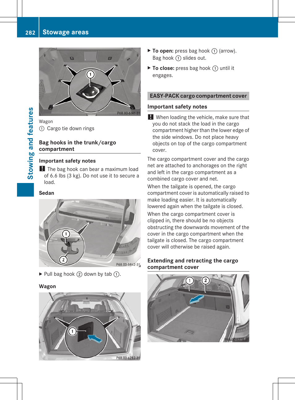 Easy-pack cargo compartment cover, Stowing and features, Stowage areas | Mercedes-Benz E-Sedan 2012 Owners Manual User Manual | Page 284 / 396