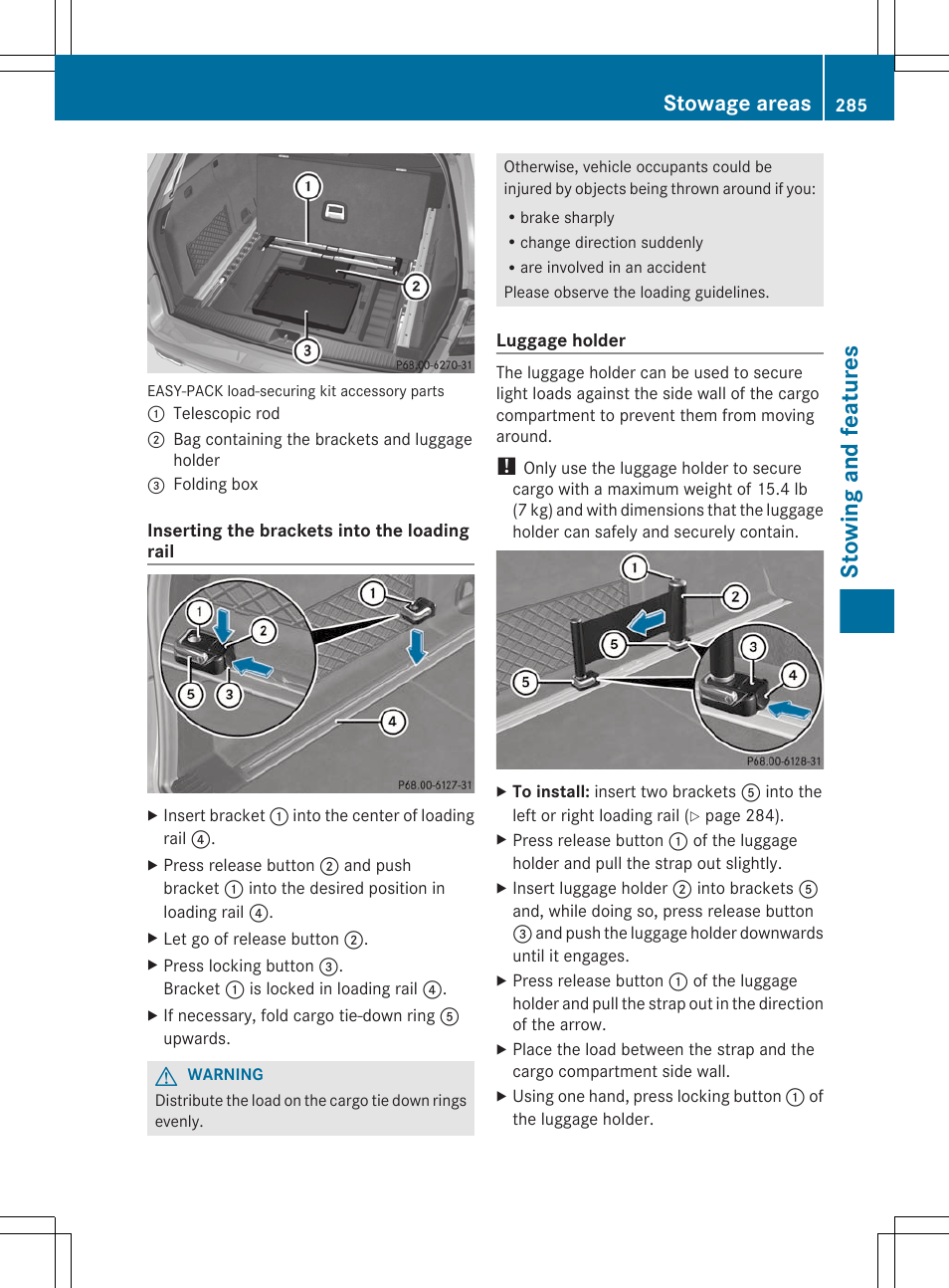 Stowing and features, Stowage areas | Mercedes-Benz E-Sedan 2012 Owners Manual User Manual | Page 287 / 396