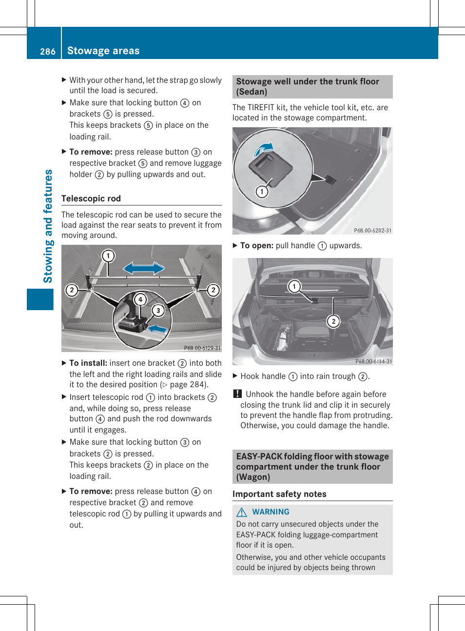 Stowage well under the trunk floor (sedan), Lift up the trunk floor, Compartment floor | Stowing and features, Stowage areas | Mercedes-Benz E-Sedan 2012 Owners Manual User Manual | Page 288 / 396