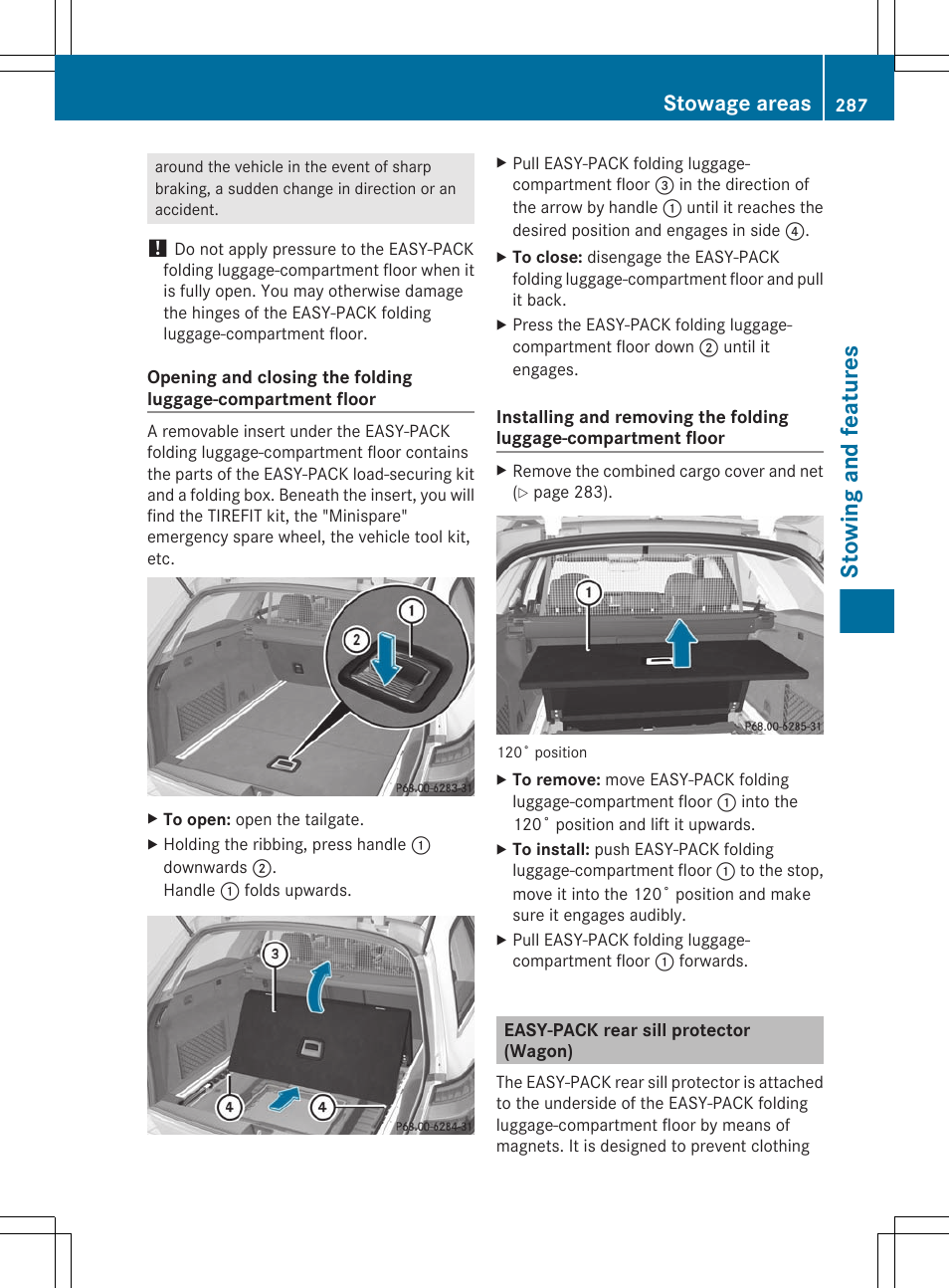 Easy-pack rear sill protector (wagon), Stowing and features, Stowage areas | Mercedes-Benz E-Sedan 2012 Owners Manual User Manual | Page 289 / 396