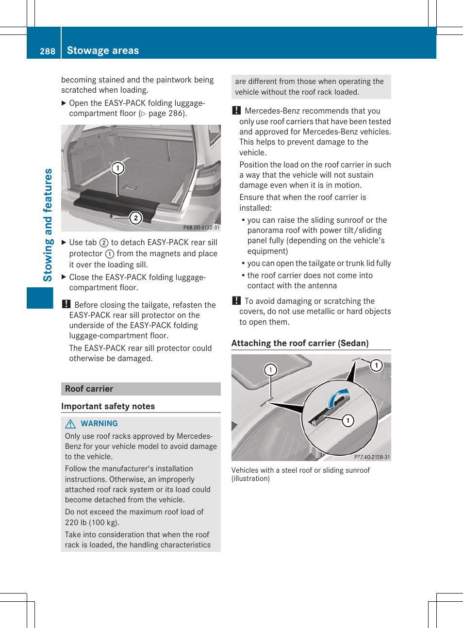 Roof carrier, Stowing and features, Stowage areas | Mercedes-Benz E-Sedan 2012 Owners Manual User Manual | Page 290 / 396