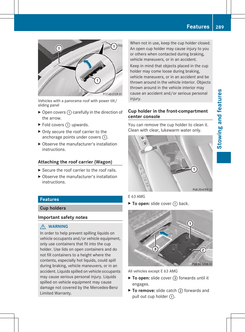 Features, Cup holders, Stowing and features | Mercedes-Benz E-Sedan 2012 Owners Manual User Manual | Page 291 / 396