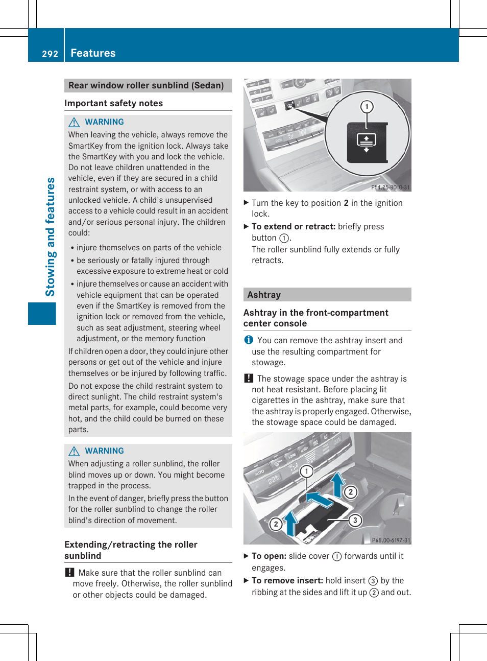 Rear window roller sunblind (sedan), Ashtray, Stowing and features | Features | Mercedes-Benz E-Sedan 2012 Owners Manual User Manual | Page 294 / 396