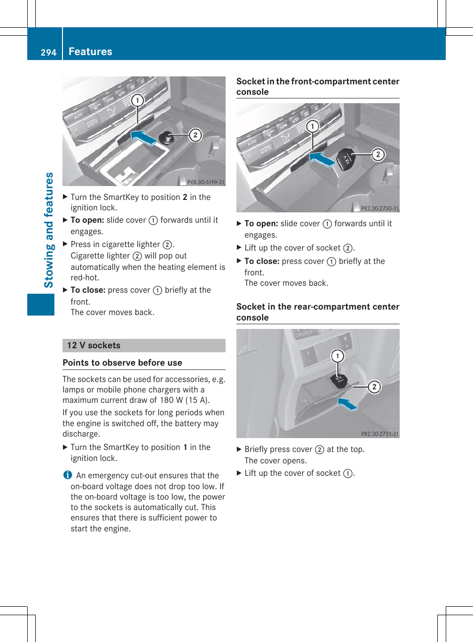 12 v sockets, Stowing and features, Features | Mercedes-Benz E-Sedan 2012 Owners Manual User Manual | Page 296 / 396