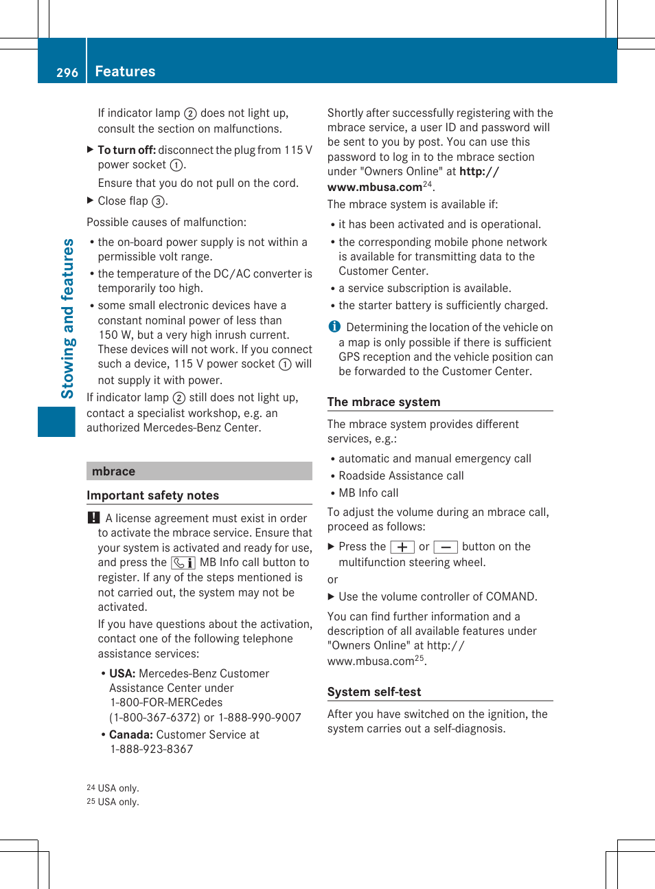 Mbrace, Stowing and features, Features | Mercedes-Benz E-Sedan 2012 Owners Manual User Manual | Page 298 / 396