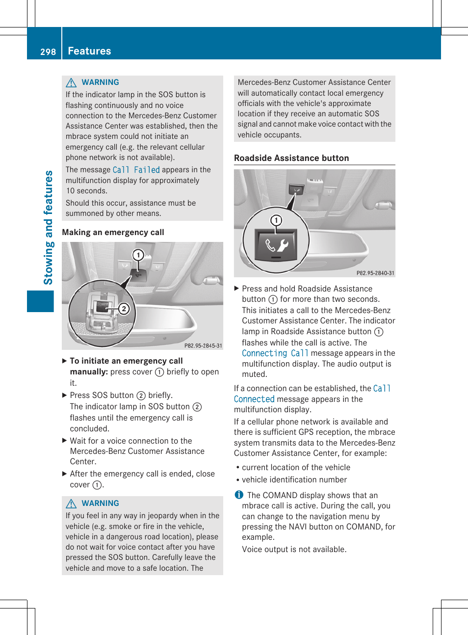 Stowing and features, Features | Mercedes-Benz E-Sedan 2012 Owners Manual User Manual | Page 300 / 396