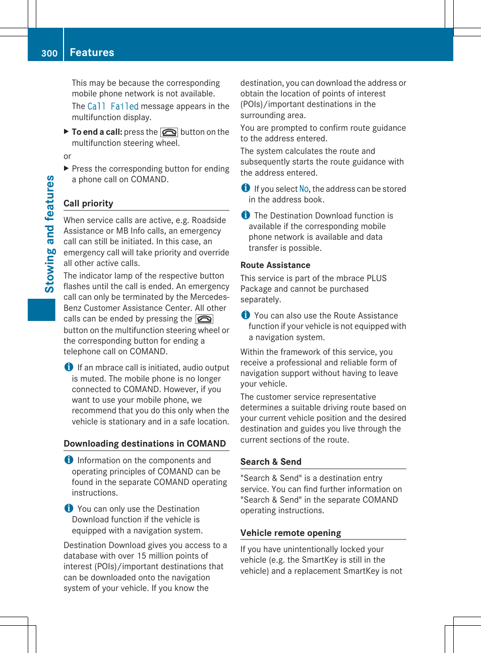 Stowing and features, Features | Mercedes-Benz E-Sedan 2012 Owners Manual User Manual | Page 302 / 396