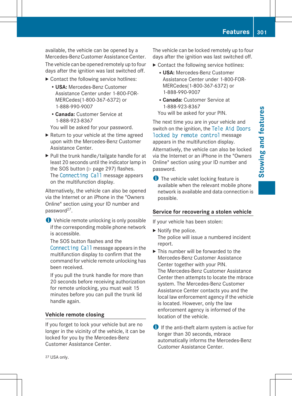 Stowing and features, Features | Mercedes-Benz E-Sedan 2012 Owners Manual User Manual | Page 303 / 396