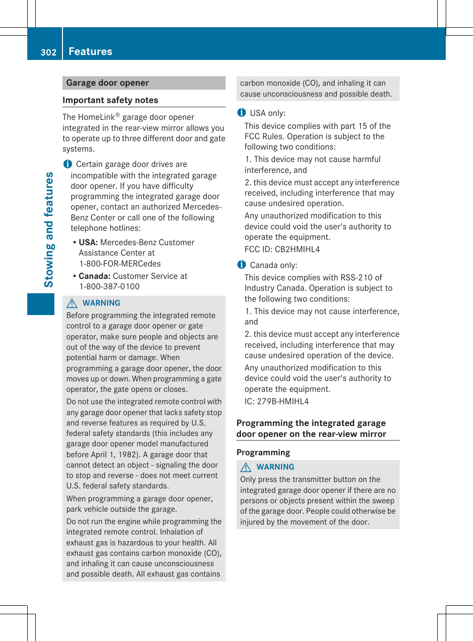 Garage door opener, Stowing and features, Features | Mercedes-Benz E-Sedan 2012 Owners Manual User Manual | Page 304 / 396